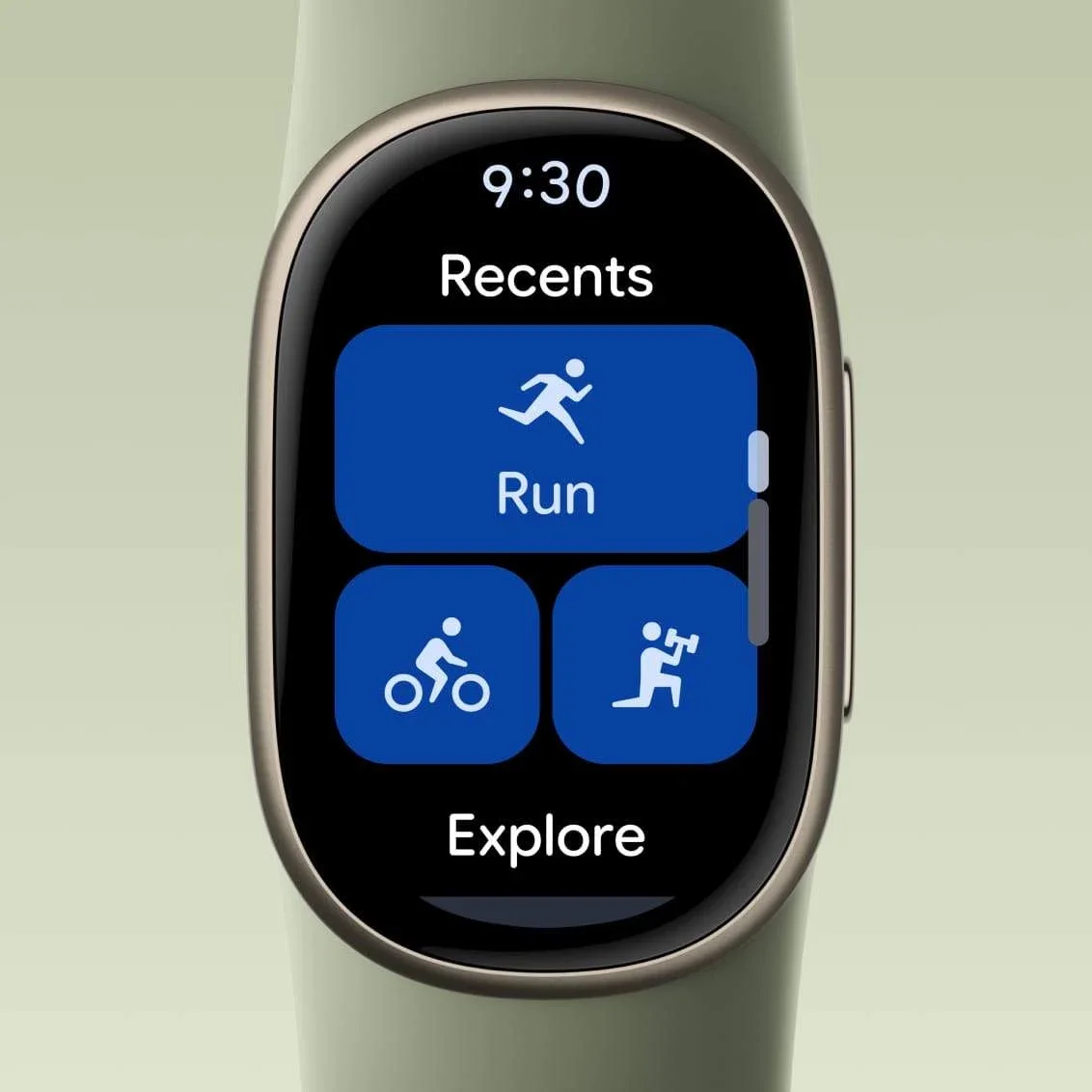 Fitbit Edge on a wrist showing the Recents menu with Run, Bike, and Explore tiles