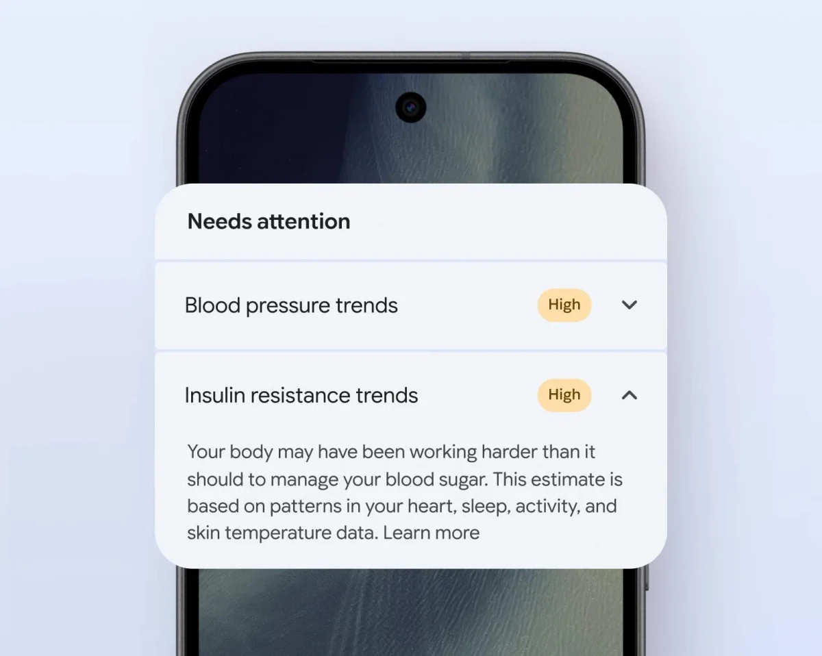 Google Health app showing blood pressure and insulin resistance trends