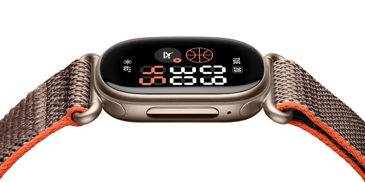 Fitbit Edge Stephen Curry Special Edition with a brown and orange textile band