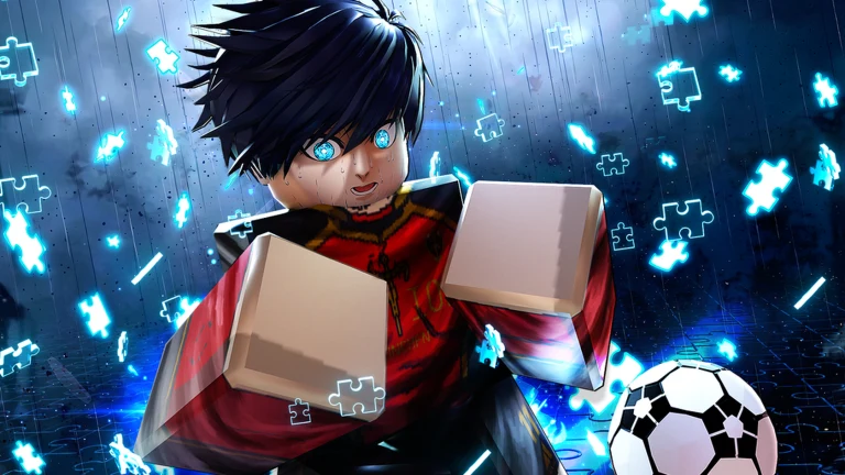 Blue Lock Rivals artwork of a dark-haired player with glowing blue eyes surrounded by floating puzzle pieces