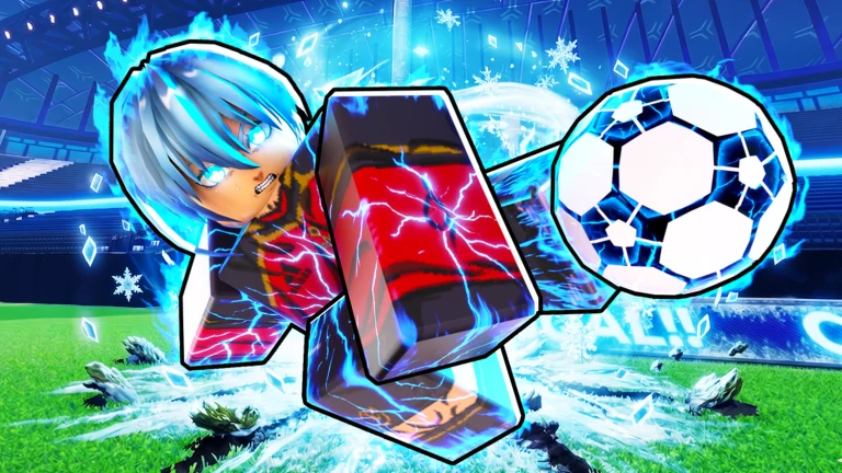 Blue Lock Rivals artwork of a silver-haired player kicking a football wrapped in ice and red lightning