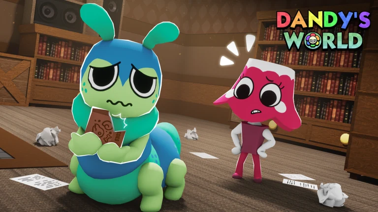 Squirm, the bookworm Toon from Dandy's World, holding a chewed book in a library room