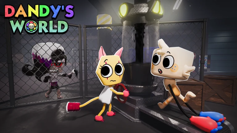 Two Dandy's World Toons running past a caged Twisted in a dark factory room