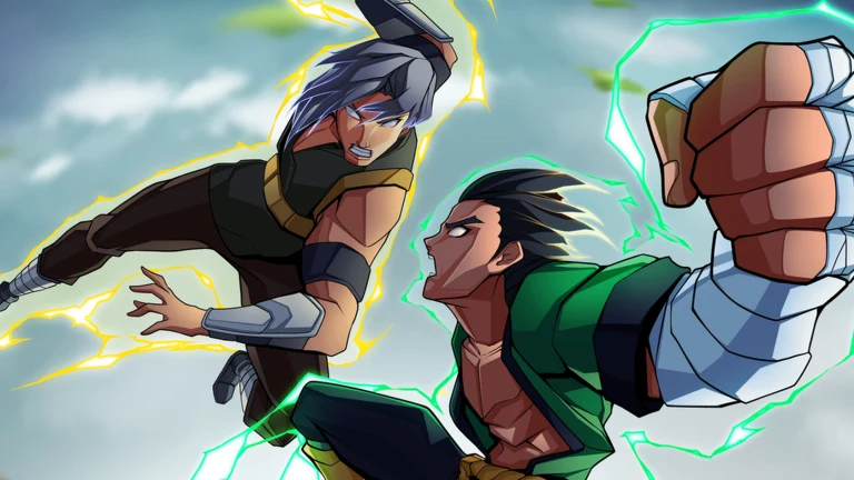 Shindo Life artwork of two fighters clashing with green and yellow lightning