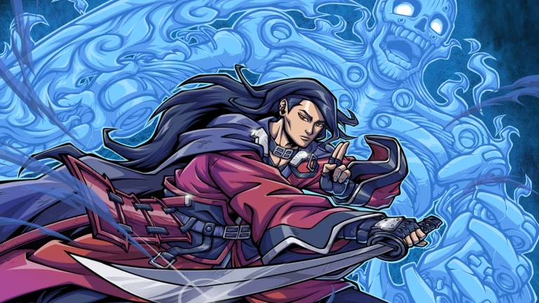 Shindo Life artwork of a long-haired fighter with a giant blue spirit warrior behind him