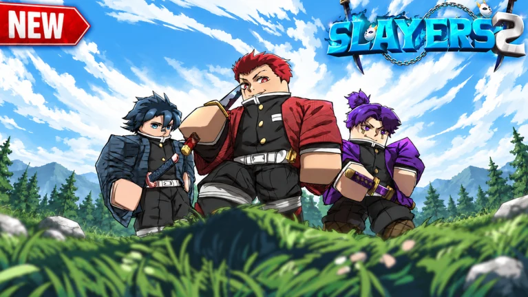 Slayers 2 artwork of three Roblox characters standing in a grassy field