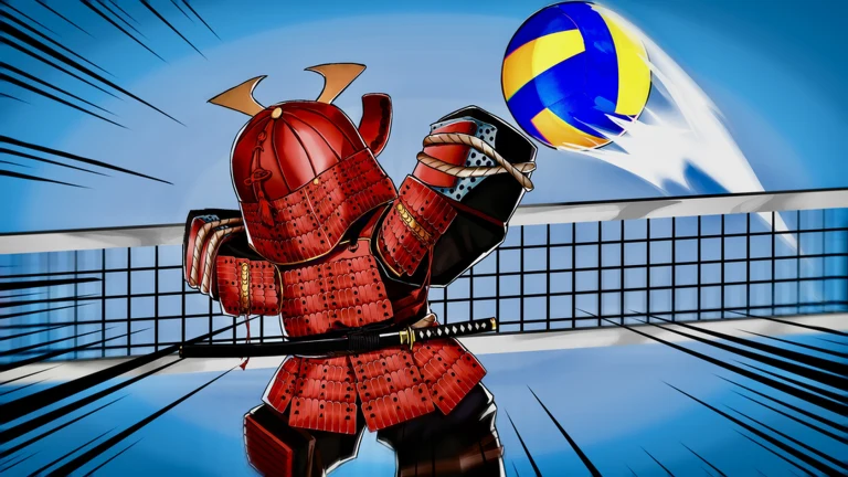 Volleyball Legends artwork of a player in red samurai armor about to hit a volleyball over the net
