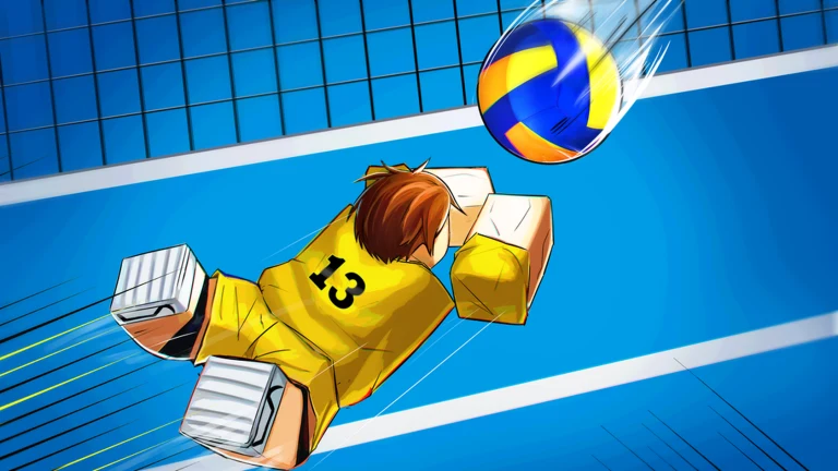 Volleyball Legends artwork of a goalkeeper-style player in a yellow number 13 jersey diving at the net