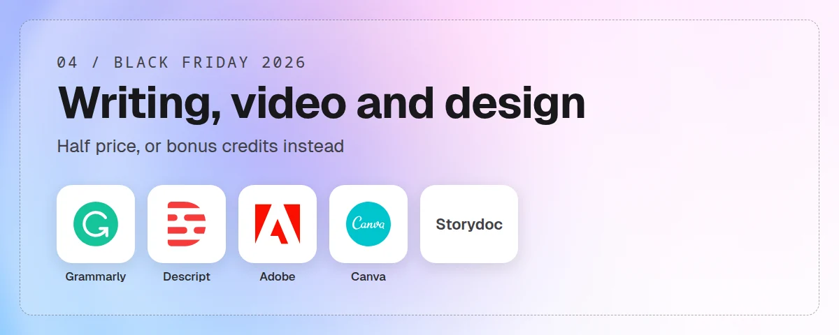 Writing, video and design tools covered: Grammarly, Descript, Adobe, Canva and Storydoc