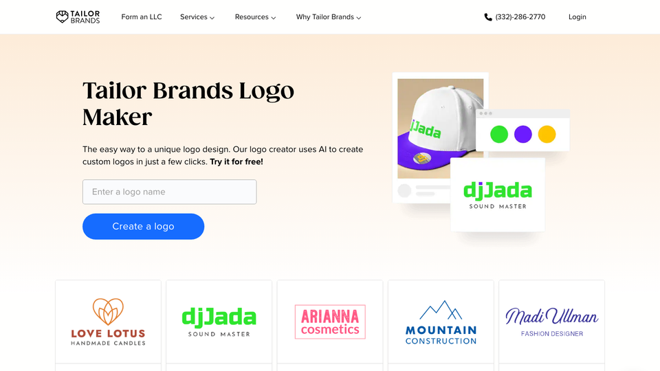 Tailor Brands logo maker page