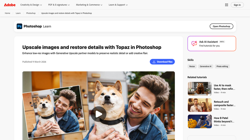 Adobe tutorial page for upscaling images with generative AI in Photoshop