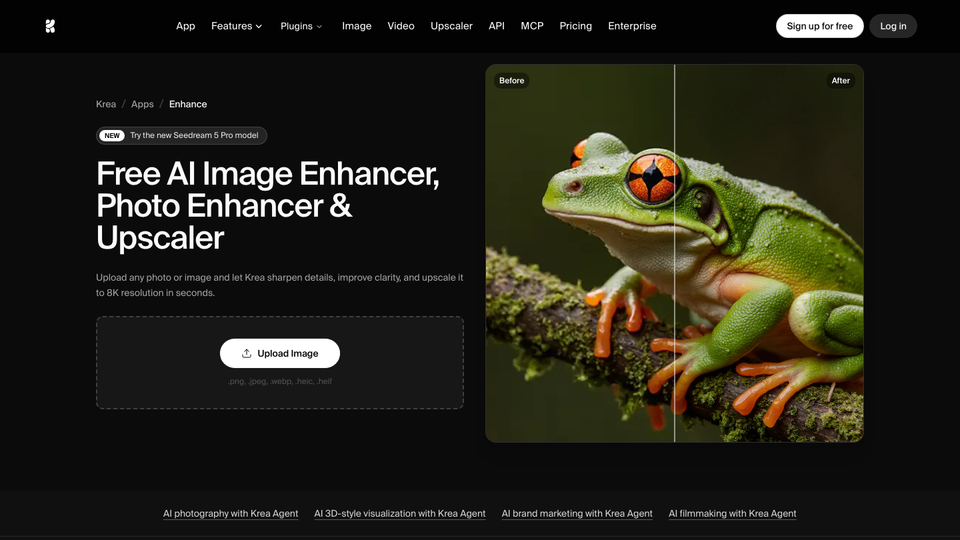 Krea Enhancer page for AI image upscaling