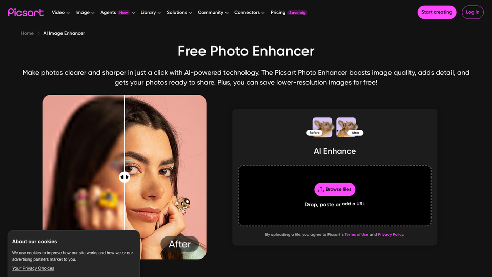 Picsart AI image enhancer web page