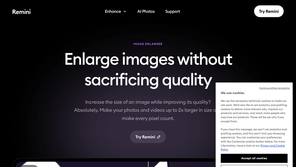 Remini image enlarger page