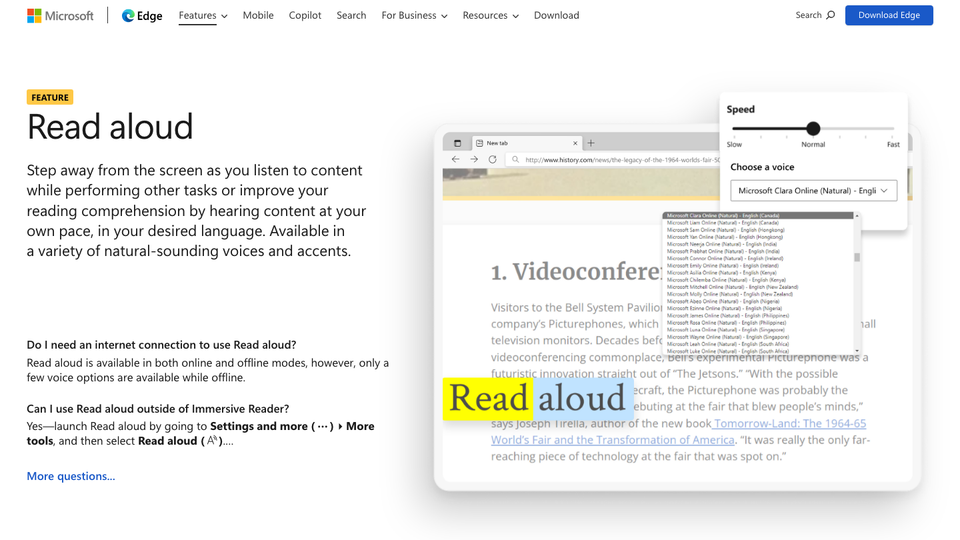 Microsoft Edge Read Aloud feature page