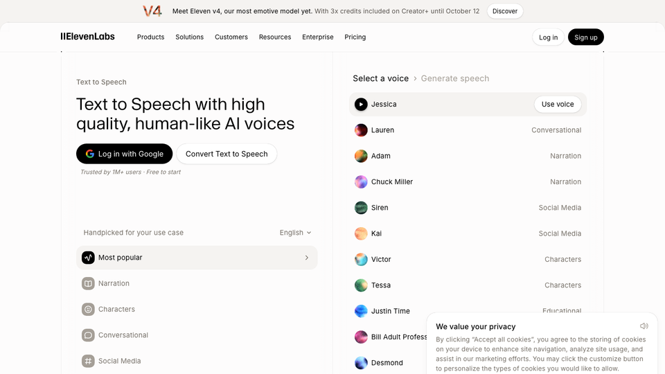 ElevenLabs text to speech page