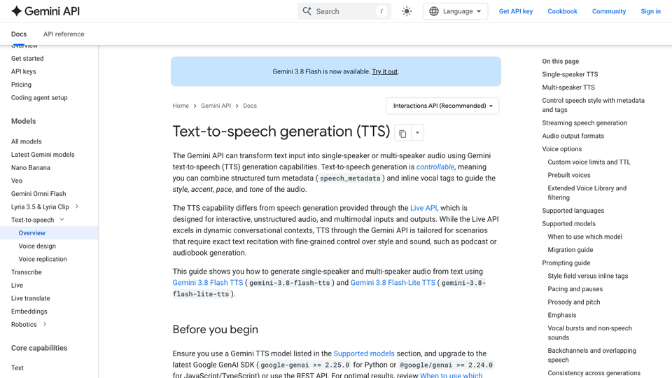 Gemini API speech generation documentation