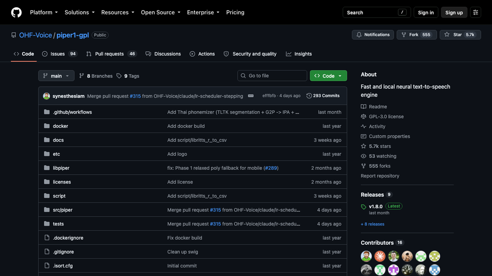 Piper text to speech repository on GitHub