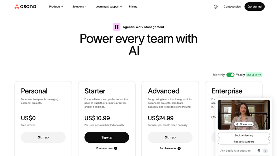 Asana pricing page with Personal, Starter, Advanced and Enterprise plans