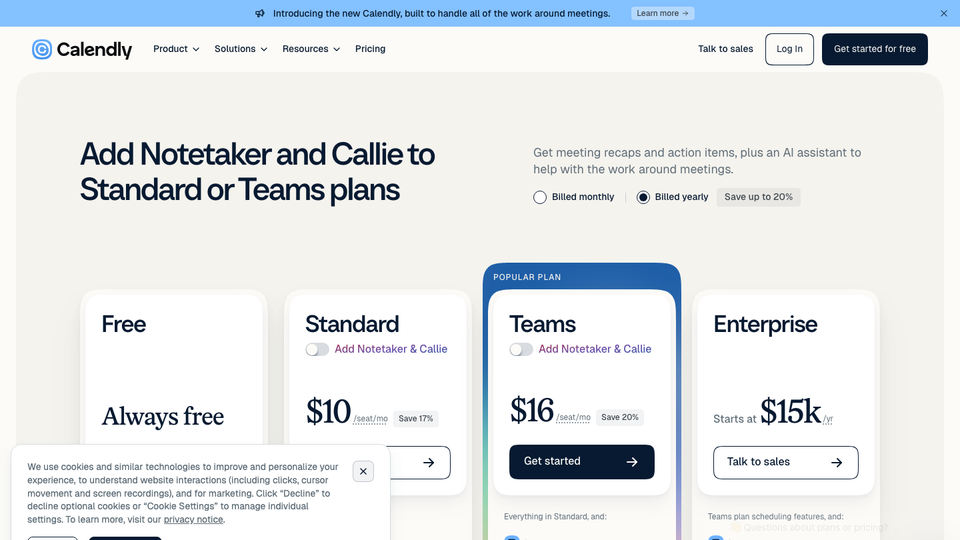 Calendly pricing page with Free, Standard, Teams and Enterprise plans