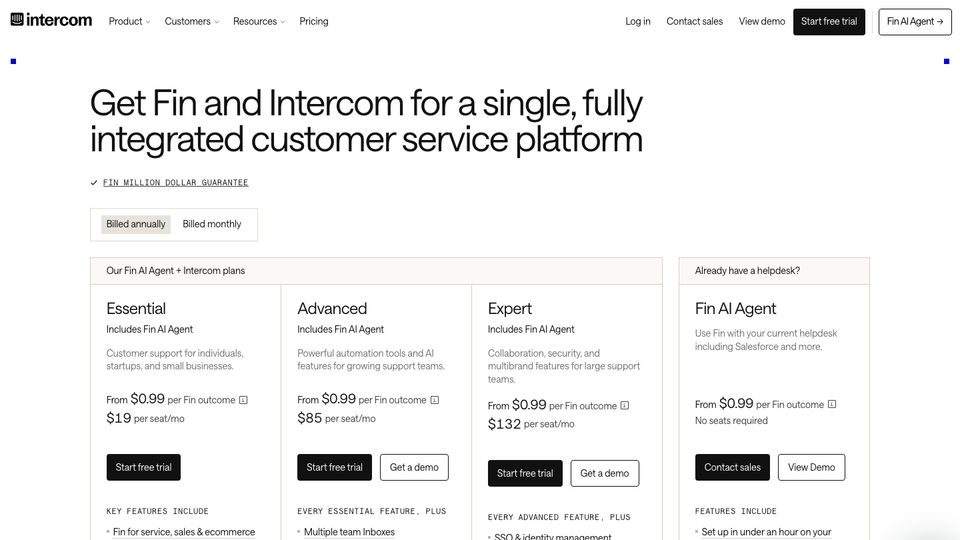 Intercom pricing page showing Essential, Advanced and Expert plans