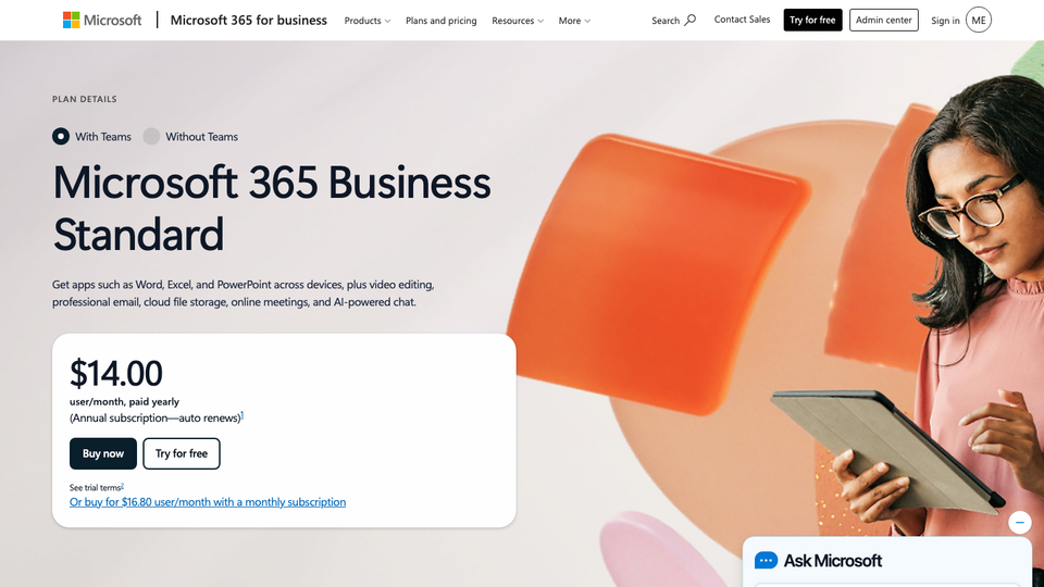 Microsoft 365 Business Standard plan page priced at 14 dollars