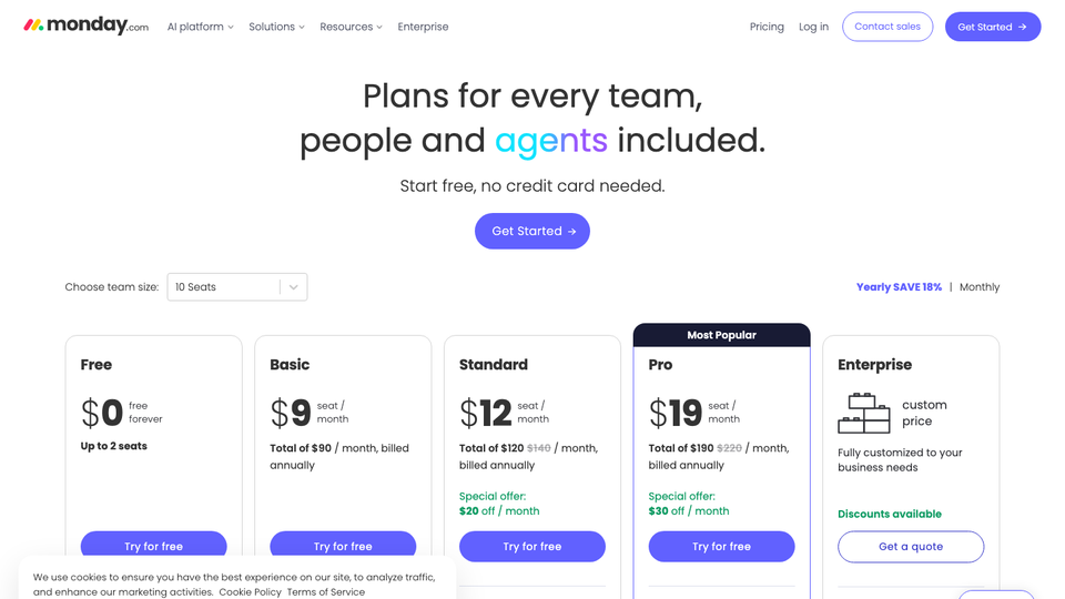 monday.com pricing page with Free, Basic, Standard and Pro plans