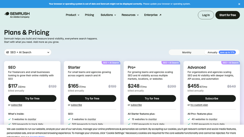 Semrush plans and pricing page
