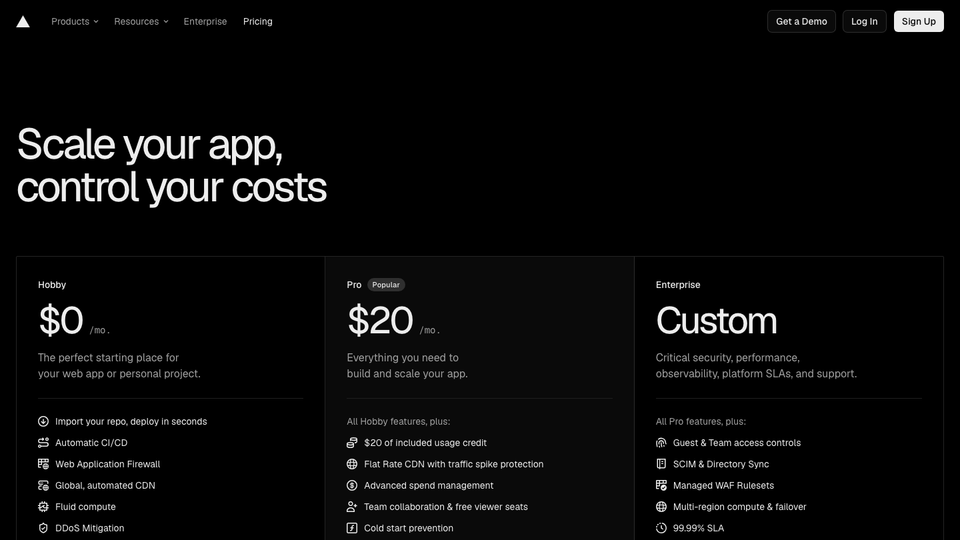 Vercel pricing page with Hobby, Pro and Enterprise plans