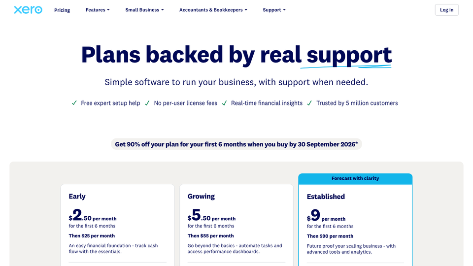 Xero US pricing page with Early, Growing and Established plans