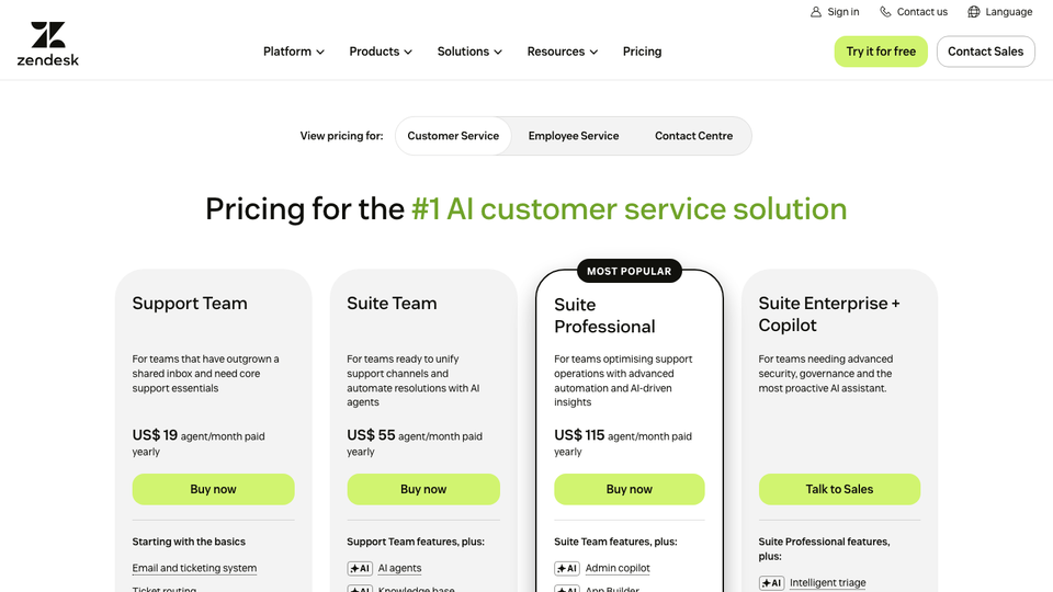 Zendesk pricing page for customer service plans