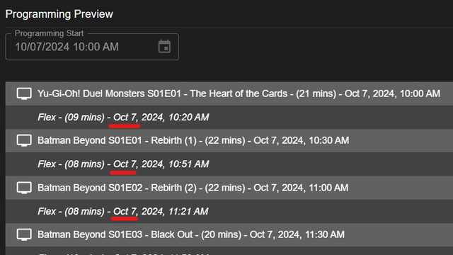 Tunarr programming preview listing episodes with flex filler between them on a time-slot schedule