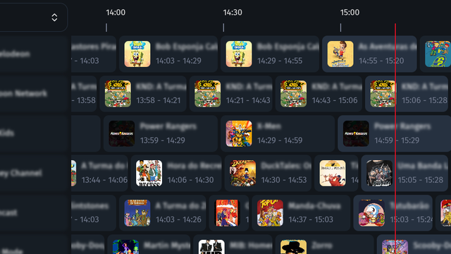 ErsatzTV channels in a program guide with a live now-line across cartoon blocks