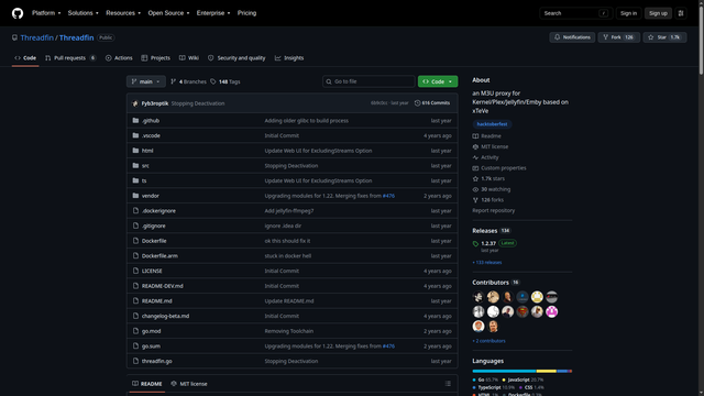 Threadfin GitHub repository, an M3U proxy based on xTeVe