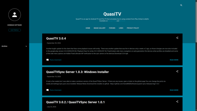 QuasiTV site showing 3.0.4 client and 1.0.3 sync server notes