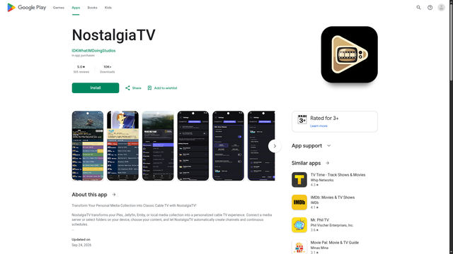 NostalgiaTV Play Store listing with 5.0 rating and app screenshots