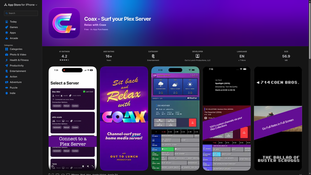 Coax App Store page with channel guide screenshots and 4.2 rating