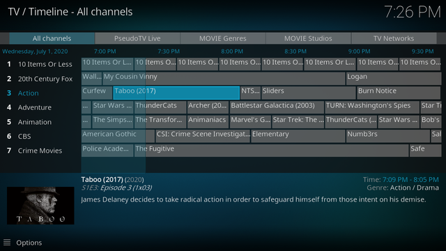 Kodi TV timeline guide with PseudoTV Live channels such as Action, Animation and CBS