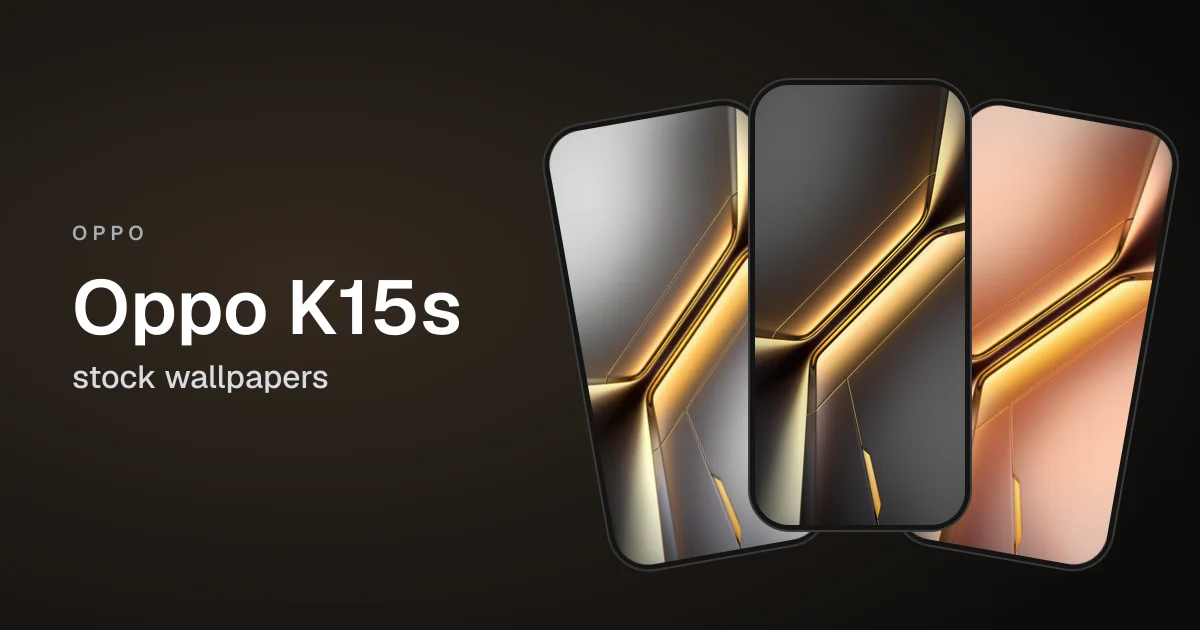 Three phone frames showing the silver, graphite and peach Oppo K15s wallpapers