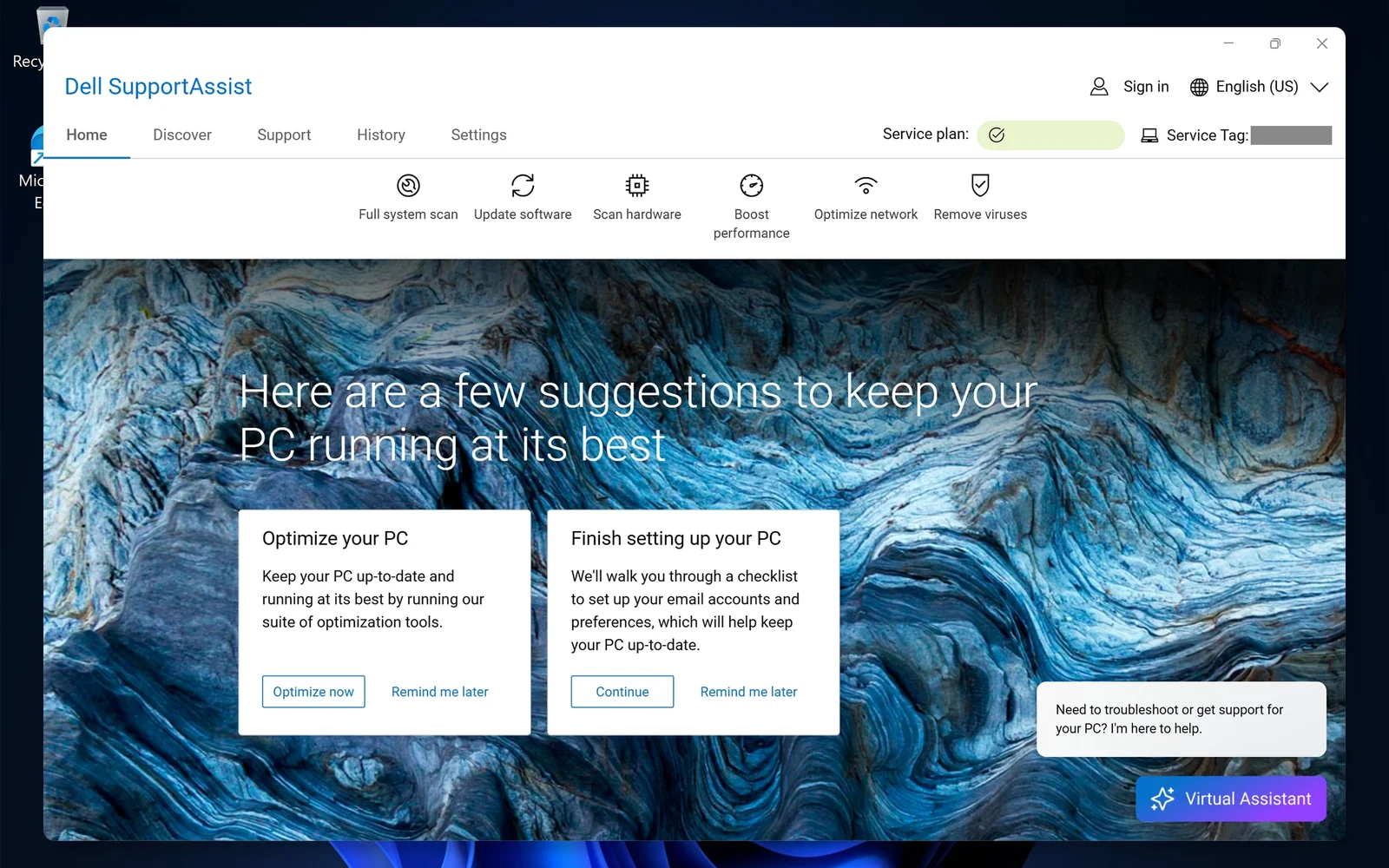 Dell SupportAssist home screen with Update software and Scan hardware