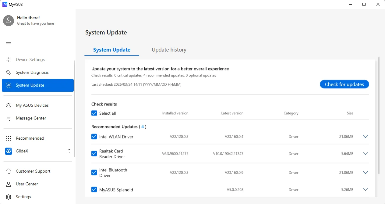 MyASUS System Update page listing recommended driver updates