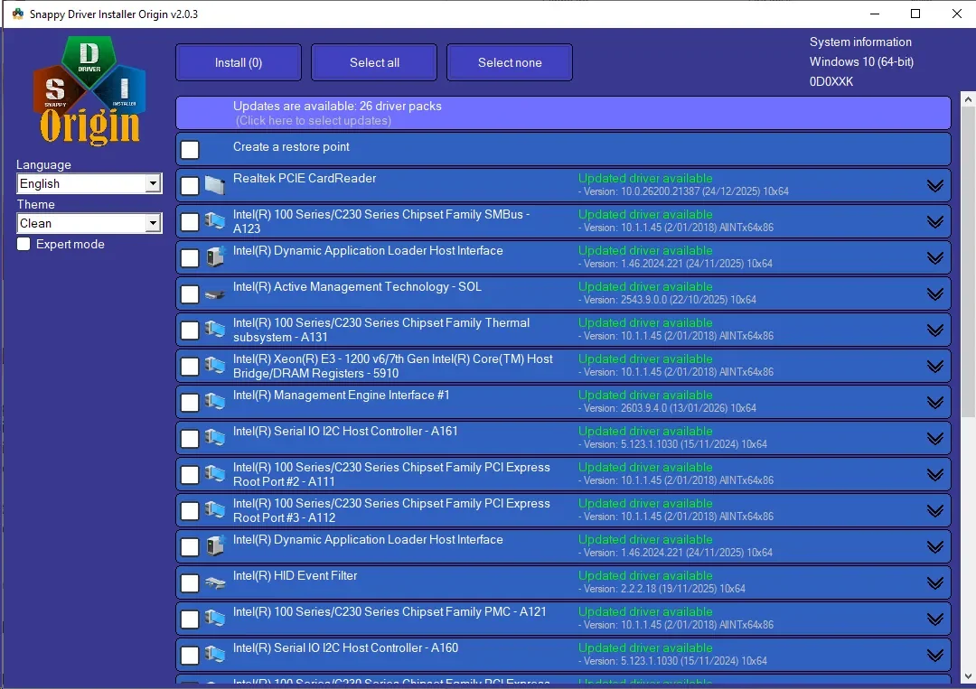Snappy Driver Installer Origin 2.0 listing available driver packs
