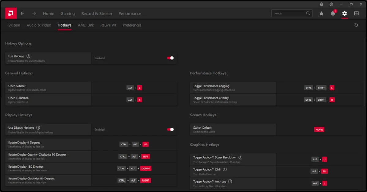 AMD Software: Adrenalin Edition Hotkeys tab with Use Display Hotkeys enabled and Ctrl + Alt + arrow rotation shortcuts listed