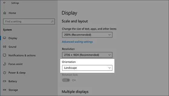 Windows 10 Display settings with the Orientation drop-down under Scale and layout set to Landscape