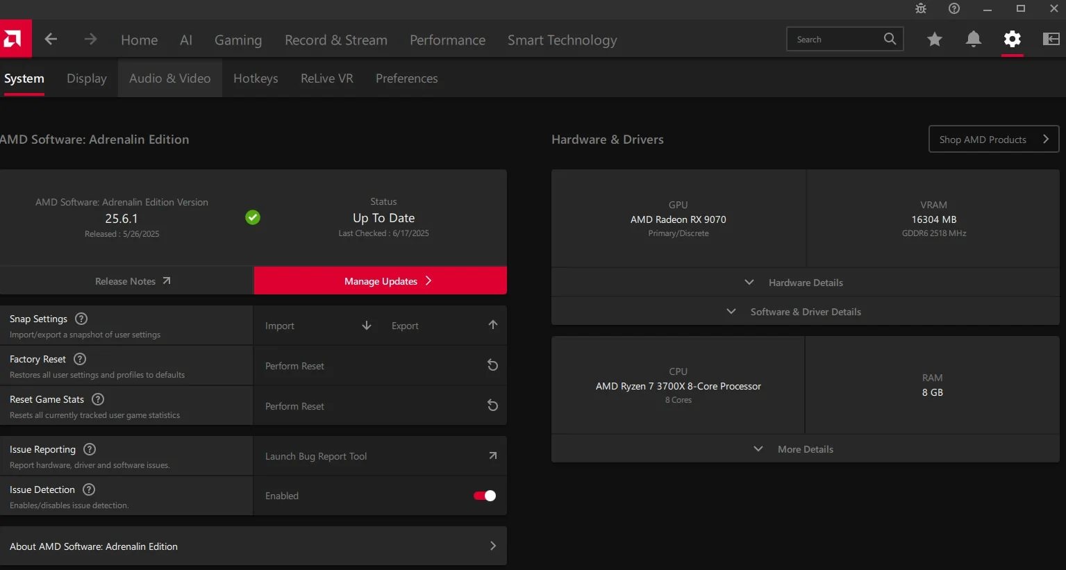 AMD Software: Adrenalin Edition System tab showing the installed driver version, its update status and a Manage Updates button