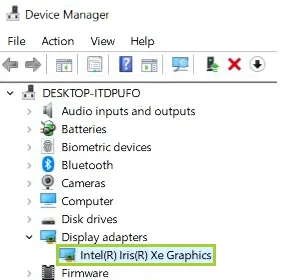 Device Manager with the Display adapters category expanded to show an Intel Iris Xe Graphics entry