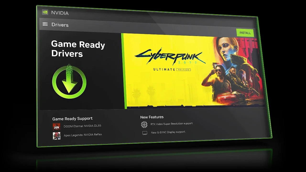 The Drivers page of the NVIDIA App showing a Game Ready Driver with an Install button