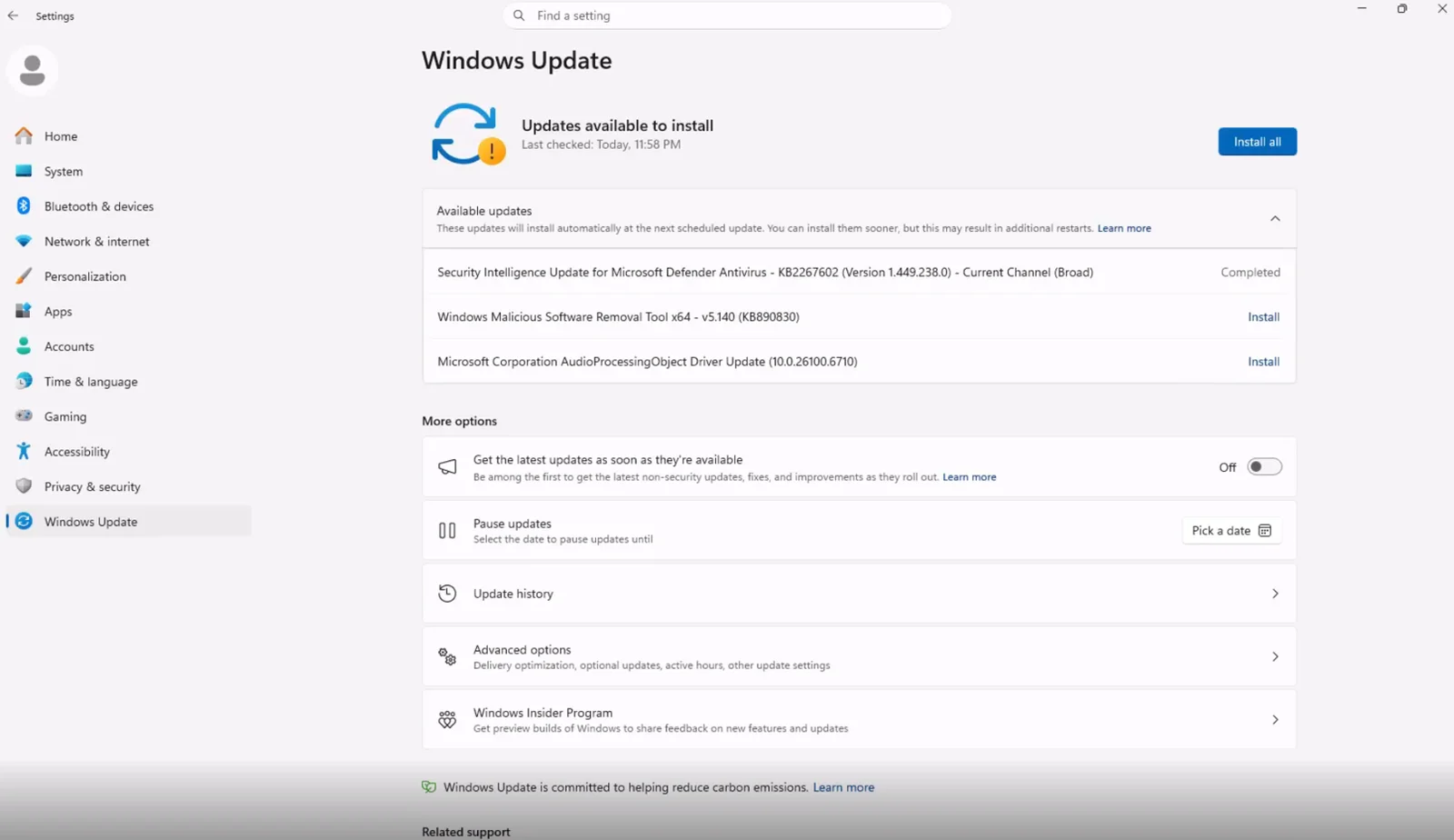 Windows 11 Settings on the Windows Update page, listing a driver update under Available updates with Advanced options below