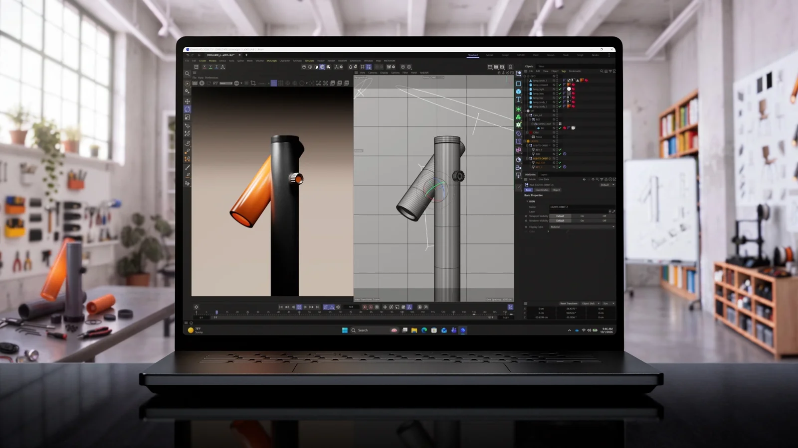 Surface Laptop Ultra on a desk in a design studio, running a 3D modeling app with a rendered lamp and its wireframe side by side