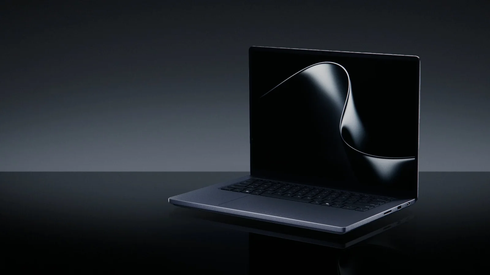 Surface Laptop Ultra in Nightfall, open on a reflective black surface with a dark abstract wallpaper on the screen